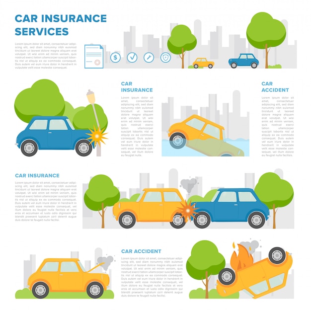 다양한 사고에 대한 자동차 보험의 개념. 텍스트 및 다른 자동차 사고에 대 한 장소 페이지 템플릿. 화려한 만화 스타일.