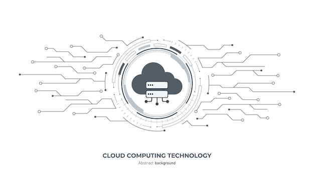 Concept of cloud computing digital information and data center technology Cloud and server on HUD frame circuit board Data system storage management service concept Vector illustration