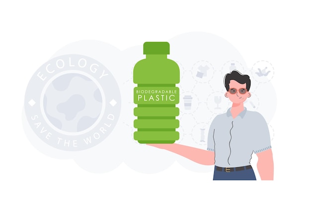 벡터 녹색 세계와 생태학의 개념 한 남자가 손에 생분해성 플라스틱으로 만든 병을 들고 있습니다. trend stylevector 그림