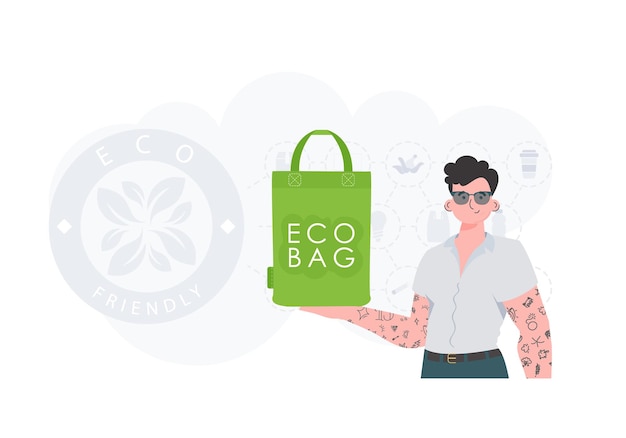 벡터 녹색 세계와 생태학의 개념 한 남자가 eco bag를 손에 들고 있습니다. 벡터의 패션 트렌드 일러스트레이션