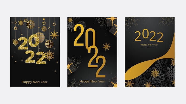 벡터 새해 복 많이 받으세요 포스터의 개념은 검은색과 금색 눈이 있는 어두운 배경에 디자인 템플릿을 설정합니다.