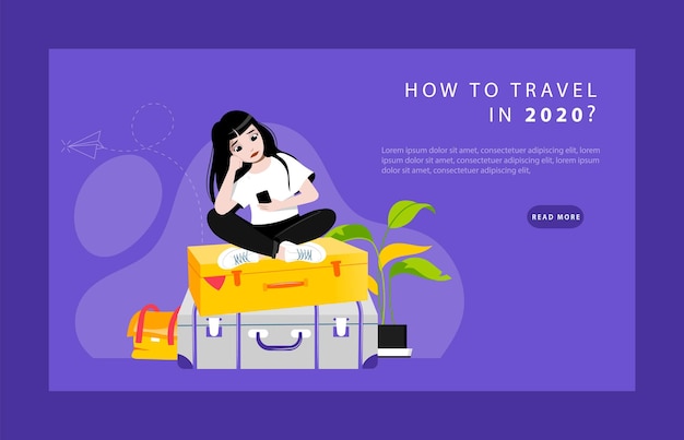 旅行についての黙想の概念。ウェブサイトのランディングページ。荷物の上に座って旅行の方法を見つける絶望の少女の悲しい、当惑し、動揺。 webページ漫画フラットスタイル。ベクトルイラスト。