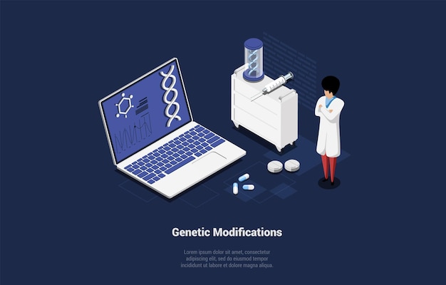 Концепция научных лабораторных исследований и генетических модификаций ученый, проводящий генетические исследования модификация днк молекулярные тесты инженер-генетик ученые изометрическая 3d векторная иллюстрация
