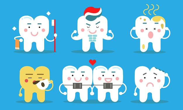 ベクトル 歯の健康の概念 歯ブラシ 歯磨き粉 黄色い 茶の帽子 腐敗した歯科ブレーキ ベクトルイラスト 白い背景に隔離された漫画のキャラクター