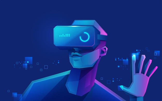 Концепция технологии виртуальной реальности, изображение подростка-геймера в головной игре vr