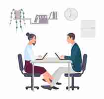 Vector concept for office romance, flirting at work, love-affair. couple, man and woman working at the laptop. colorful vector illustration in flat style.