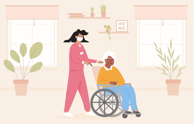 Concept for old age home during pandemic. nurse wearing face mask with elderly black woman in wheelchair. residential care facility at nursing home. african american disabled lady at her room. vector.