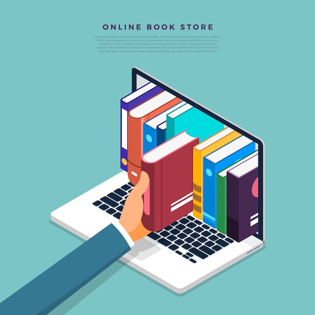 Vector concept online boekenwinkel. handmatig boek van internetapparaat. illustreren.
