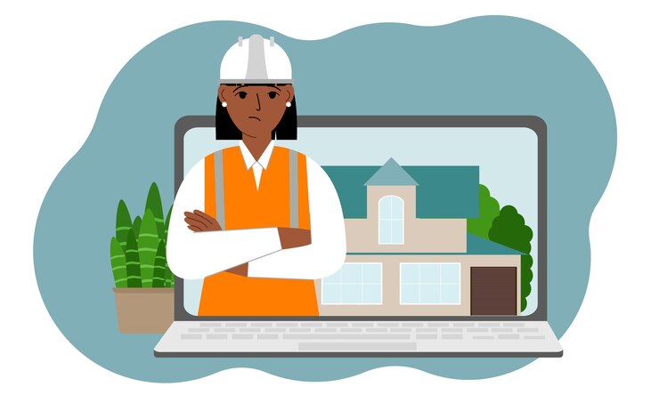 Vector the concept of online consultation in construction laptop with an image of an engineer builder and a house