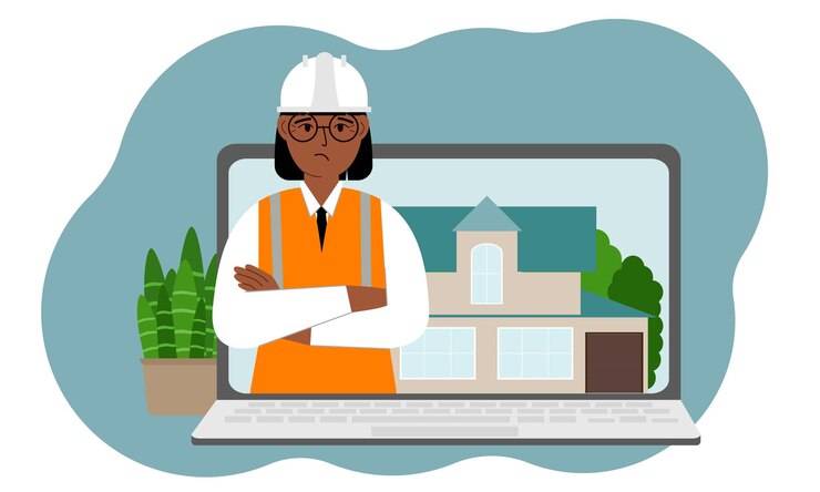 Vector the concept of online consultation in construction laptop with an image of an engineer builder and a house