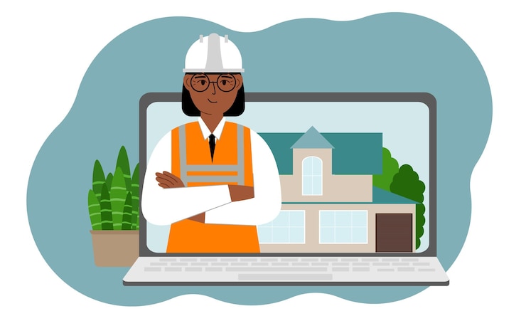 Vector the concept of online consultation in construction laptop with an image of an engineer builder and a house