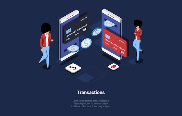 Concept of online and crypto blockchain payment with smartphone credit card payment male and female characters making funds transaction online using smartphones isometric 3d vector illustration