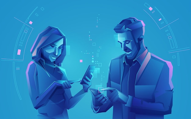Vector concept of online dating or business consulting, graphic of male and female presented with business person style and futuristic element