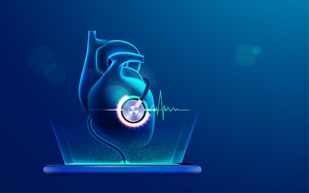 Concept of online medical or cardiology treatment technology, graphic of human heart analysed by stethoscope from mobile application