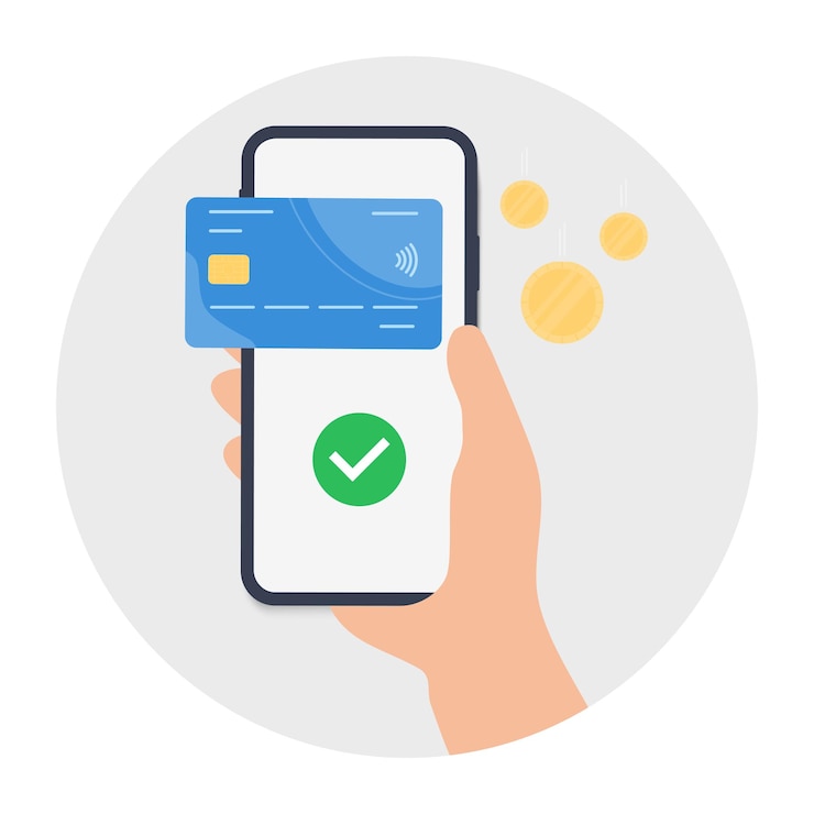 Vector concept for online payment the hand holds a smartphone on which the application with payment is open successful money transfer online banking vector illustration