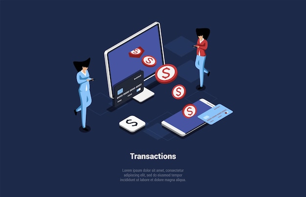 Concept Of Online Payment And Transactions Characters Making Financial Operations Using Smartphone And Credit Card Internet Payments For Goods or Services Isometric 3D Cartoon Vector Illustration