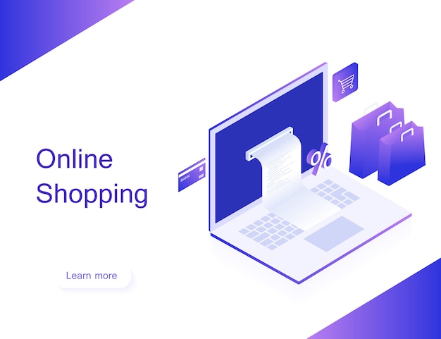 Concept of online shop. transfer money from card. isometric image of laptop, bank card and shopping bag on white background. 3d flat design. modern vector illustration