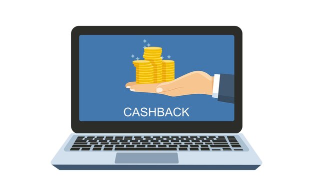 Vettore concetto per un negozio online. computer e mano che tengono un cashback all'acquirente. illustrazione vettoriale.