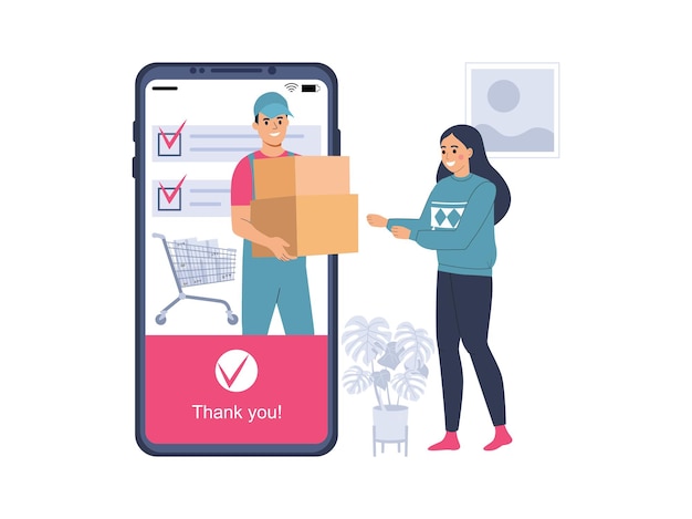 Concept per un negozio online. il corriere consegna l'ordine al cliente tramite smartphone. illustrazione vettoriale.