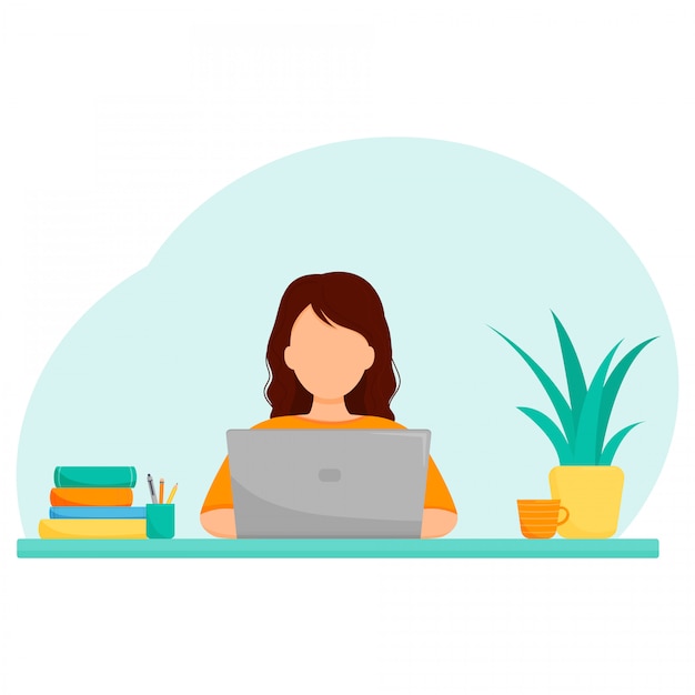 Vector concept of online study, freelance or remote work, girl with laptop at the table.