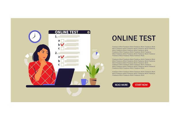 Vector concept online testing, e-learning, examination on computer. landing page. vector illustration. flat