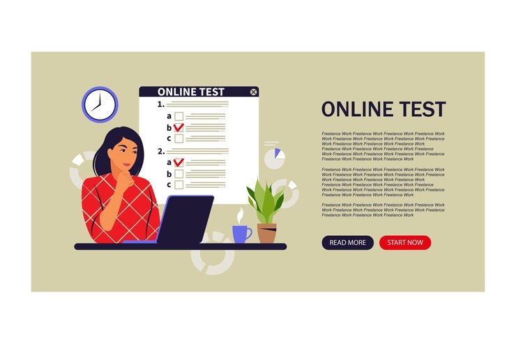 Vector concept online testing, e-learning, examination on computer. landing page. vector illustration. flat