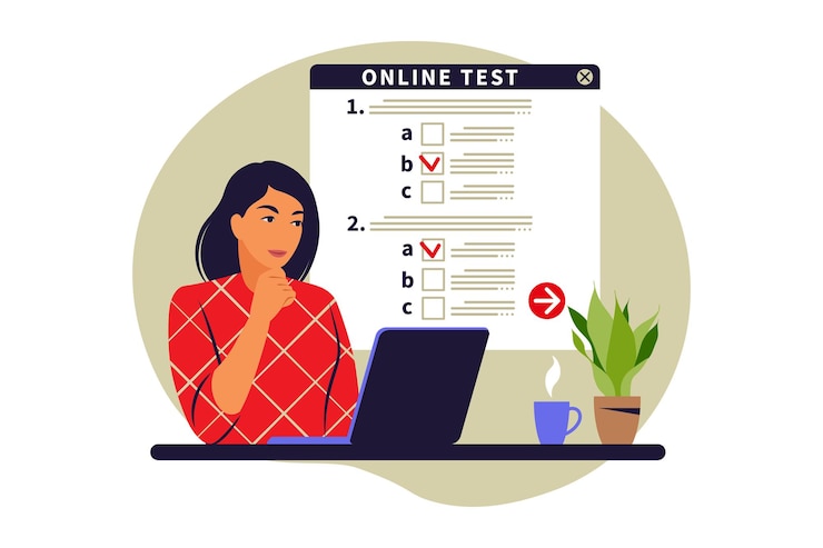 Vector concept online testing, e-learning, examination on computer. vector illustration. flat