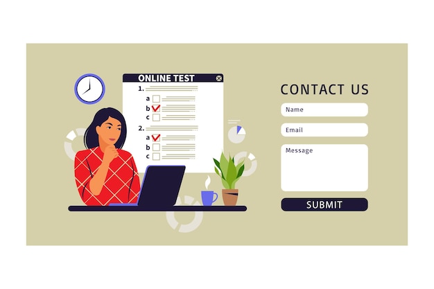 コンセプトオンラインテスト、eラーニング、コンピューターでの試験。お問い合わせフォーム。ベクトルイラスト。フラット