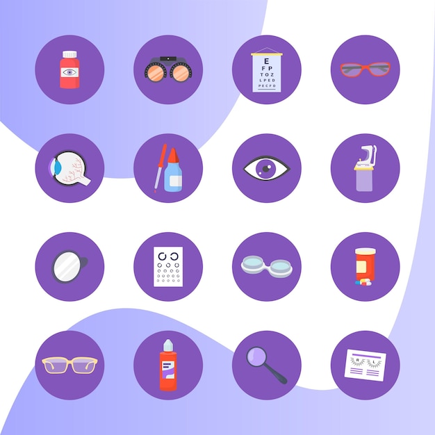 Concept optometry icon set medical health care flat vector illustration isolated on blue concept eye..