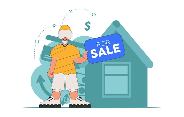 The concept of owning a home Guy realtor holding a house in his hands