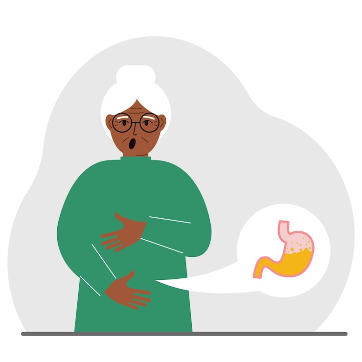 Vector the concept of pain in the abdomen the old woman holds his stomach with both hands problems with the stomach or digestion
