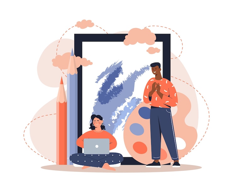 Vector concept of painting man and woman next to palette and pencil freelancers and graphic designers