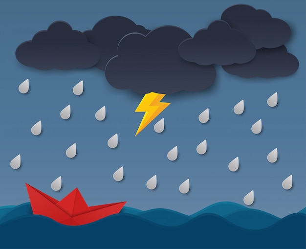 The concept of paper boats facing obstacles from rain clouds.