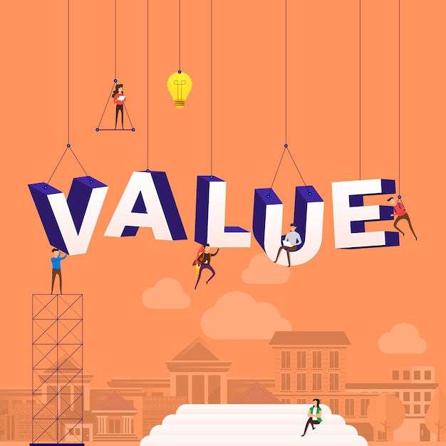 Концептуальные люди, работающие над построением текста value. иллюстрация.