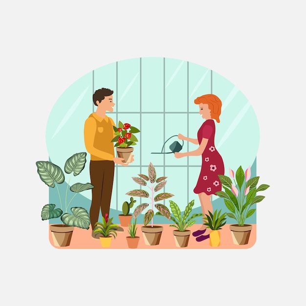 Vector concept of people working in a greenhouse