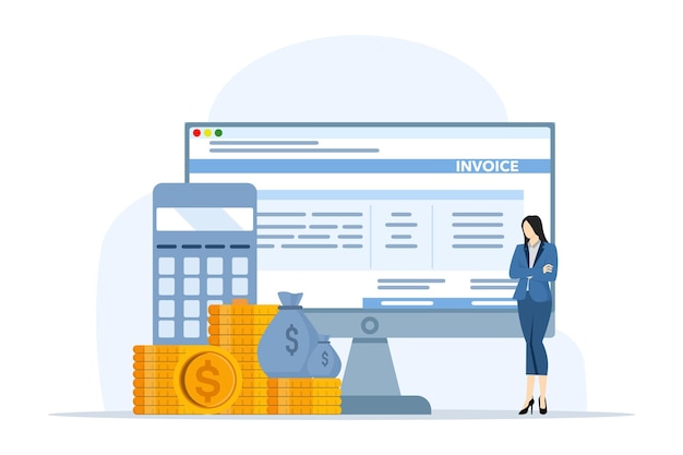 Vector concept person preparing invoice on computer or cartoon accountant making report on vat