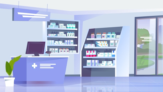 Вектор concept pharmacy это плоский мультяшный дизайн фона с изображением аптеки с полками.