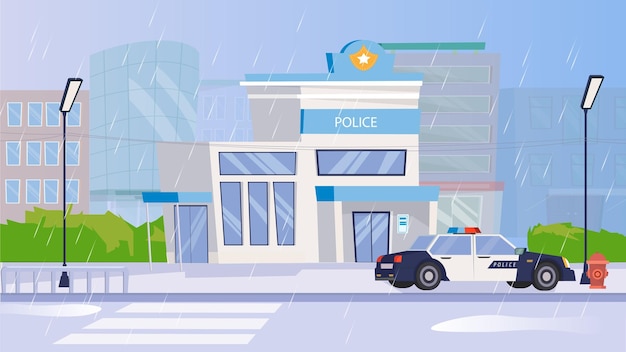 Concept Police department A flat cartoonstyle design of a police department with various elements