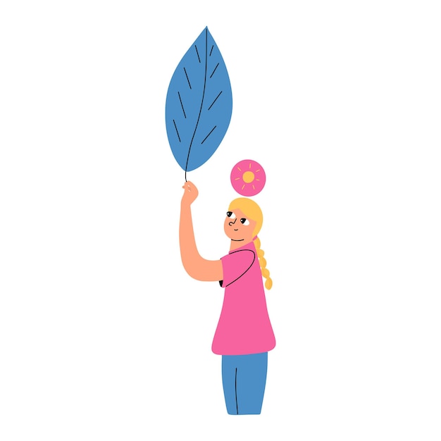 The concept of the positive mental health of the child A girl holding a leaf in her hands Vector