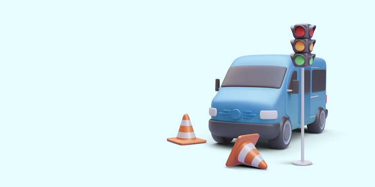 Vector concept poster for driving school in realistic style with van traffic cones and traffic lights