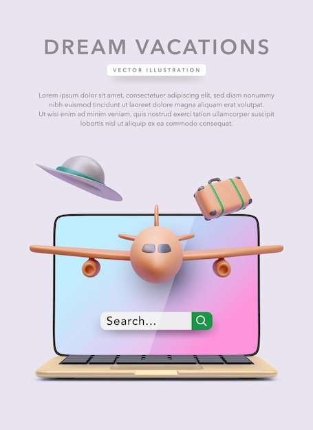 Концепция плаката для онлайн-сервиса отдыха в реалистичном стиле с чемоданом, шляпой, самолетом и ноутбуком
