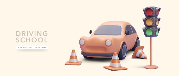Concept poster voor rijschool in realistische stijl met autoverkeerskegels en verkeerslichten Vectorillustratie
