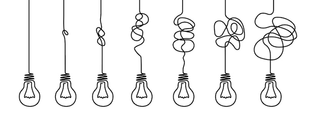 Concept of problem solving or difficult a task. hanging light bulbs with a tangled cable.