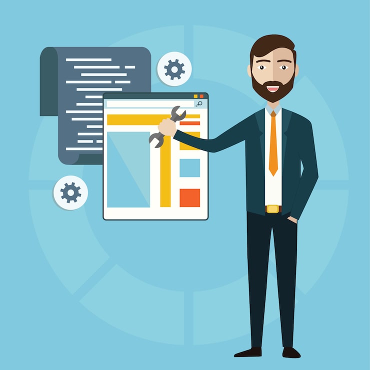 Vector concept of programmer or coder workflow for website coding and html programming of web application