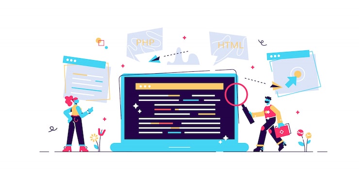 Vector concept programmer, coding, programming, website and application development . illustration, application development, software api prototyping and testing, interface building process, start up