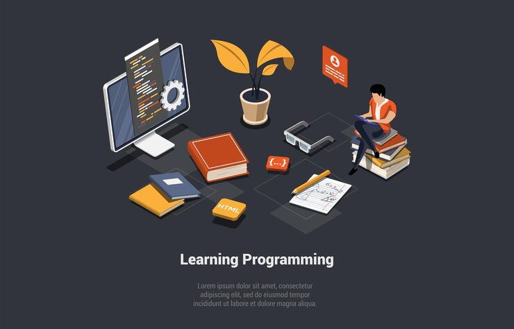 Vector concept of programming and coding learning software coding testing debugging frontend and backend apps programming seo search engine man is coding on tablet isometric 3d vector illustration