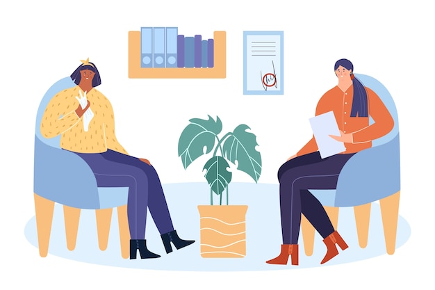 The concept of psychotherapy. a woman psychologist conducts a session of psychotherapy. the patient sits in an armchair and cries. vector illustration.