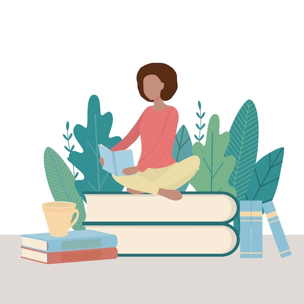 Концепция чтения с девушкой, сидящей со скрещенными ногами Темнокожая молодая женщина с книгой
