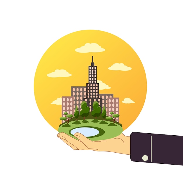 Concept of real estate in the palm of a man. mortgage symbol, luxury gift, success deal illustration