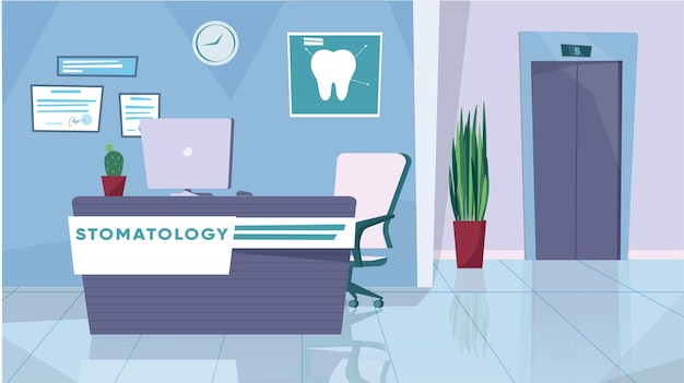 컨셉 리셉션 책상과 의자가 있는 리셉션 구역의 평면 만화 스타일 디자인